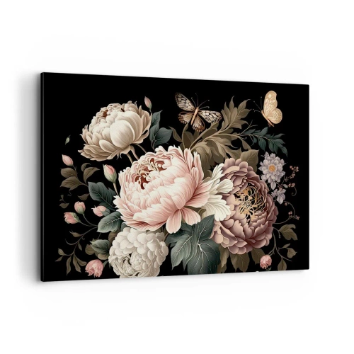 Bild auf Leinwand - Leinwandbild - Ein Strauß rosa Blumen und Schmetterlinge auf schwarzem Hintergrund - 120x80cm - Im Barockstil - Moderne Wanddekoration für Wohnzimmer und Schlafzimmer ARTTOR