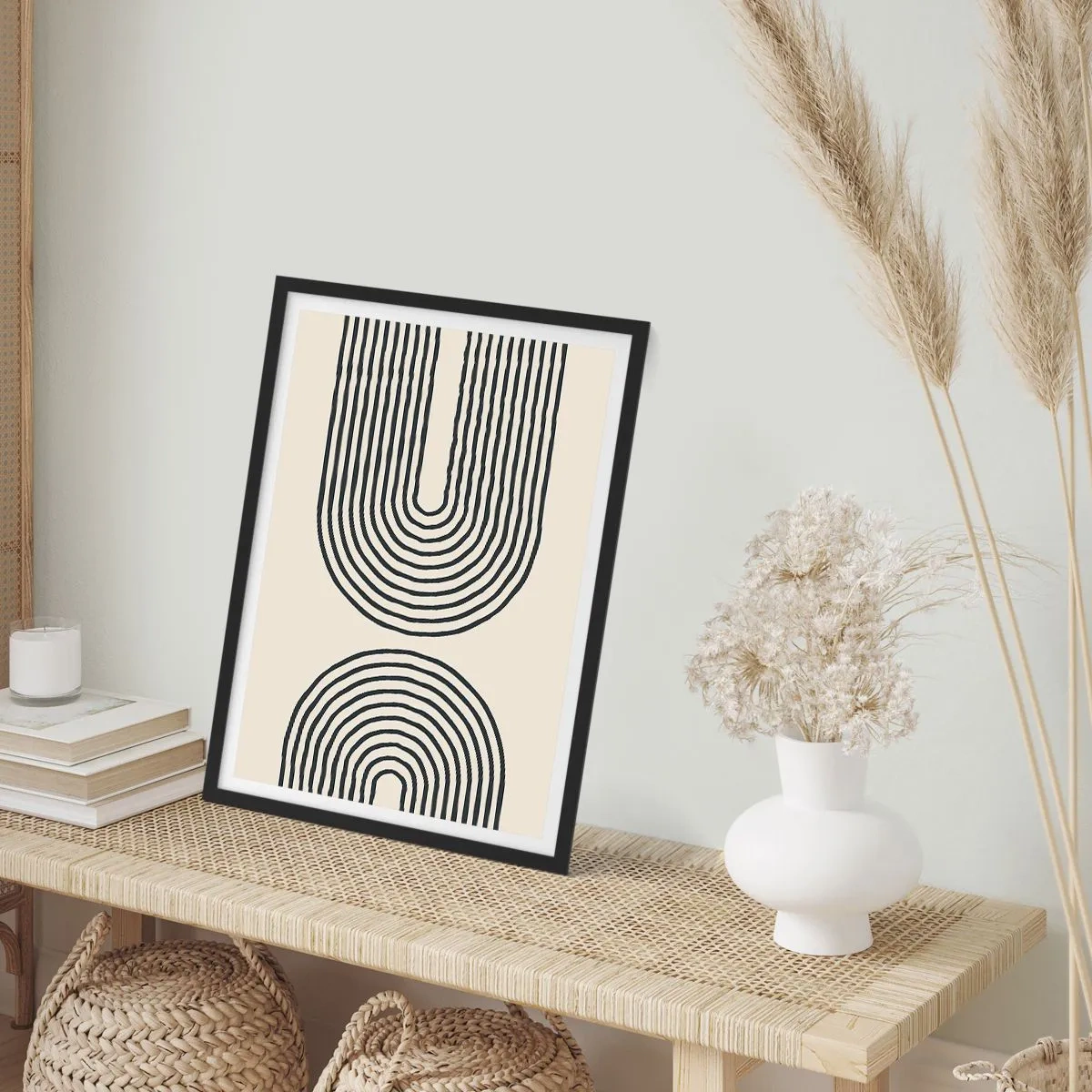 Poster in einem schwarzem Rahmen - Ein abstraktes Muster mit Linien, die symmetrische Bögen im minimalistischen Stil bilden. - 50x70cm - In einem Moment ... - Moderne Wanddekoration für Wohnzimmer und Schlafzimmer ARTTOR