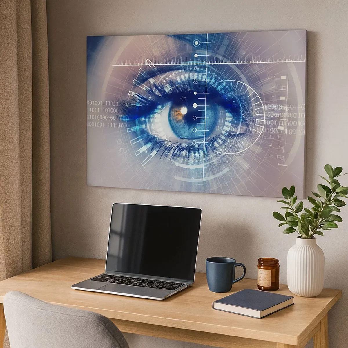 Bild auf Leinwand - Leinwandbild - Ein technologisches Auge mit einer futuristischen Schnittstelle - 70x50cm - Du denkst du kennst mich - Moderne Wanddekoration für Wohnzimmer und Schlafzimmer ARTTOR