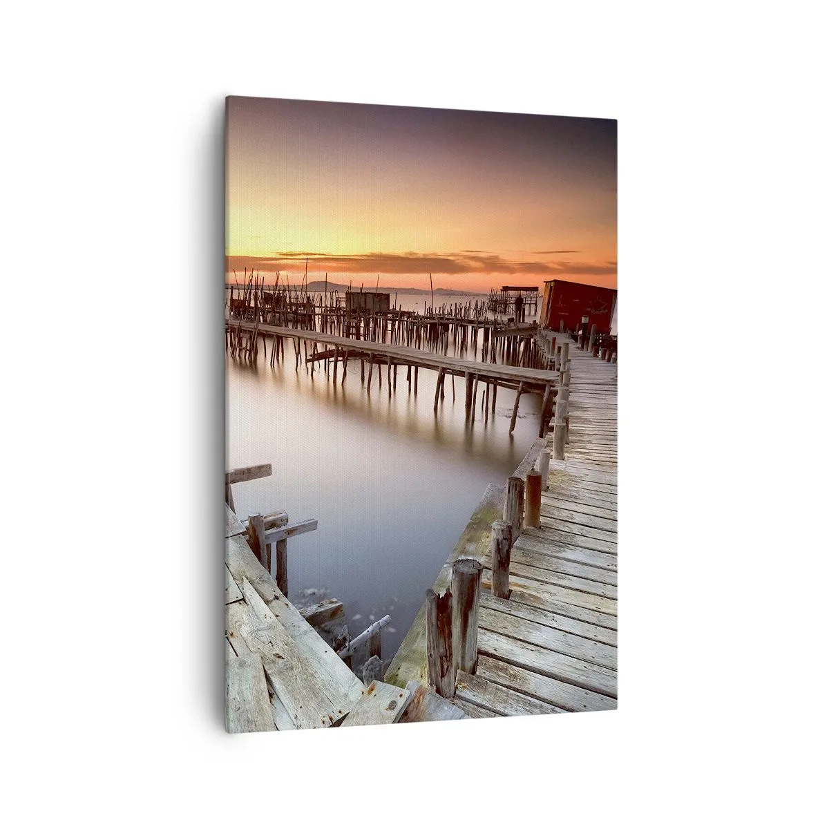 Bild auf Leinwand - Leinwandbild - Holzstege auf ruhigem Wasser bei Sonnenuntergang - 70x100cm - Authentisch, keine Touristenattrappe - Moderne Wanddekoration für Wohnzimmer und Schlafzimmer ARTTOR