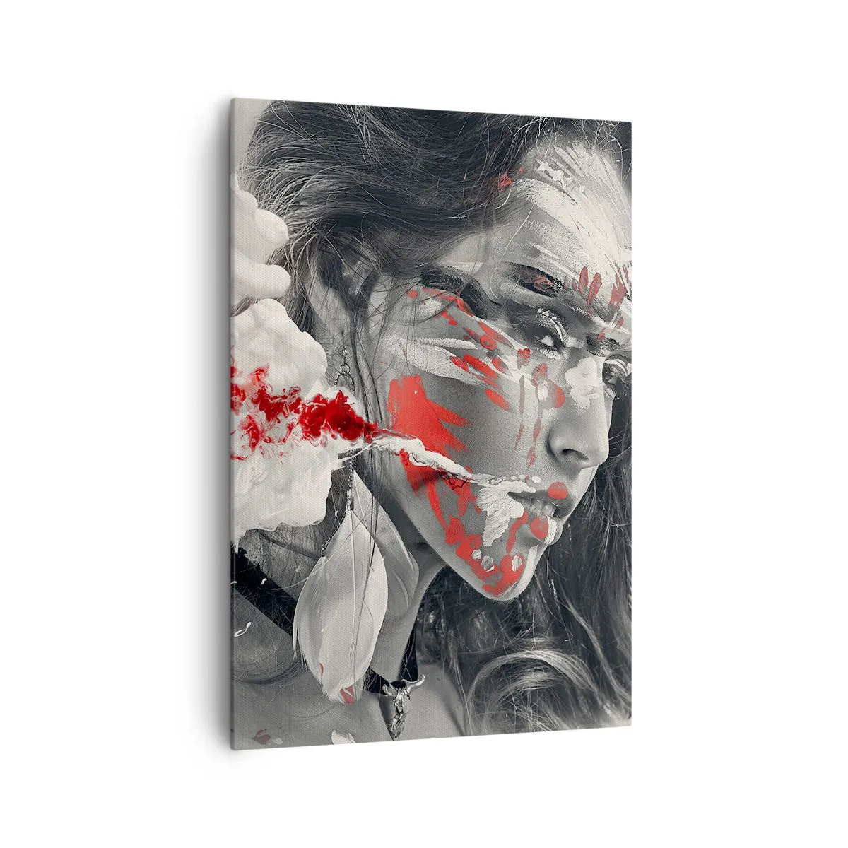 Bild auf Leinwand - Leinwandbild - Künstlerisches Frauenportrait mit abstrakten roten Akzenten - 70x100cm - Im Dunst der Absurdität - Moderne Wanddekoration für Wohnzimmer und Schlafzimmer ARTTOR