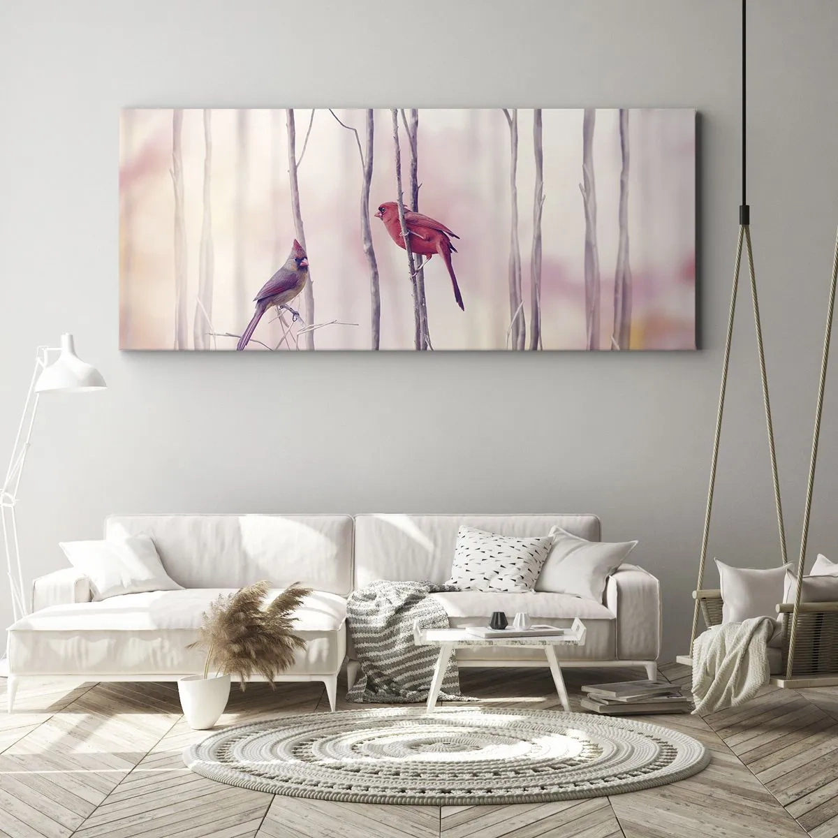 Bild auf Leinwand - Leinwandbild - Ein Kardinalspaar sitzt auf Ästen in einer pastellfarbenen Landschaft - 120x50cm - Geschichte vom rosa Wald - Moderne Wanddekoration für Wohnzimmer und Schlafzimmer ARTTOR