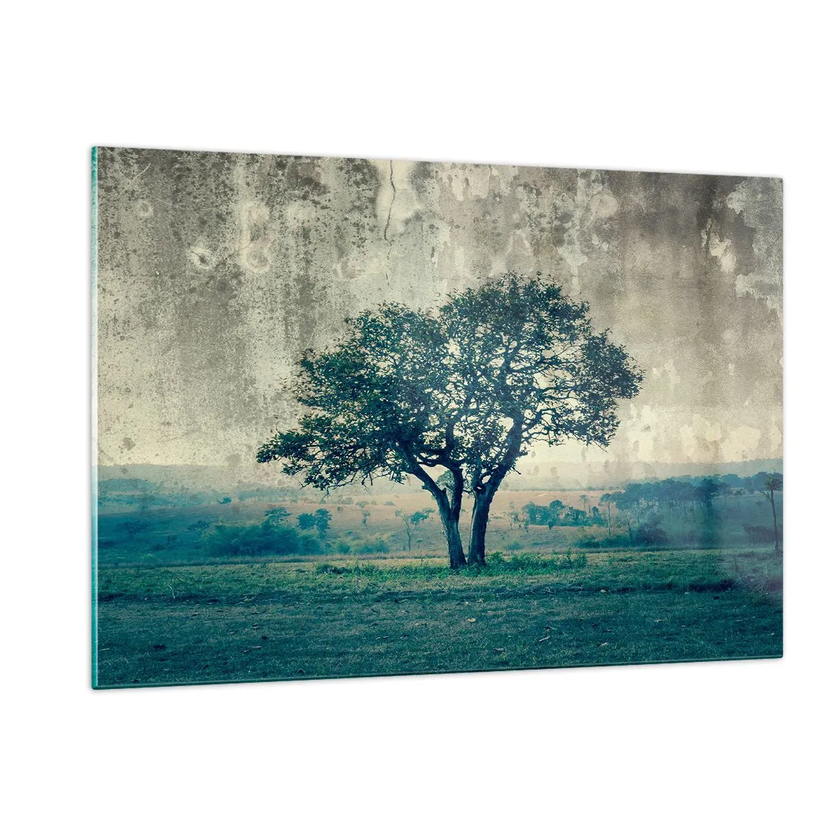 Glasbild - Bild auf glas - Ein einsamer Baum in einer Vintage-Landschaft - 120x80cm - Ein Apfelbaum auf blauem Feld? - Moderne Wanddekoration für Wohnzimmer und Schlafzimmer ARTTOR