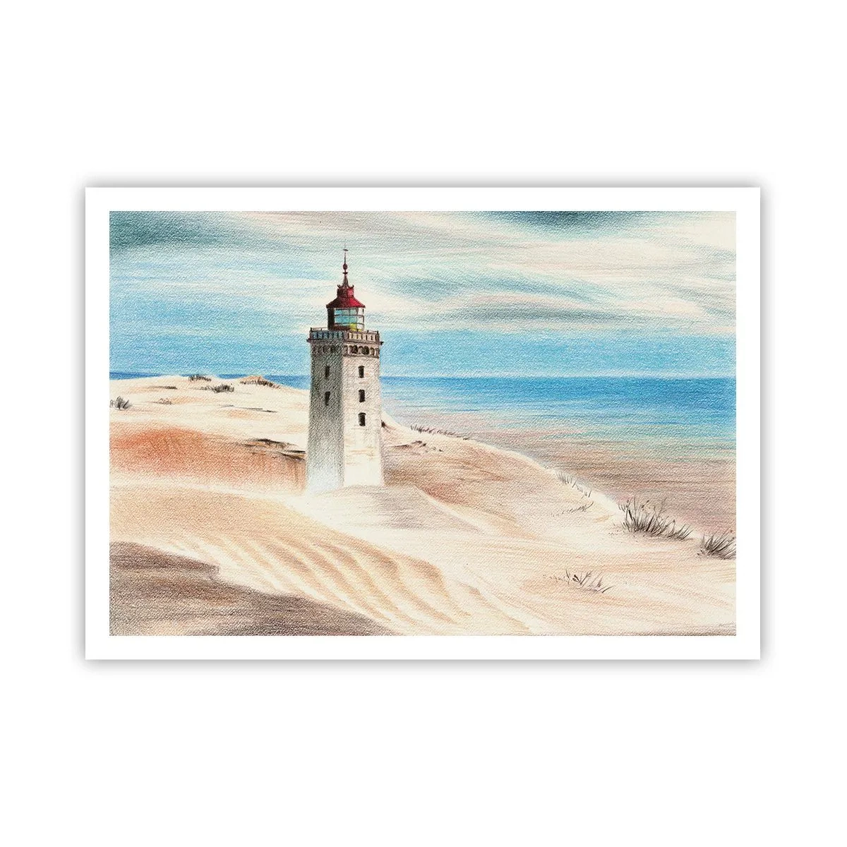 Poster - Ein Leuchtturm, umgeben von Sanddünen und blauem Himmel - 100x70cm - Immer aufs Meer starrend - Moderne Wanddekoration für Wohnzimmer und Schlafzimmer ARTTOR