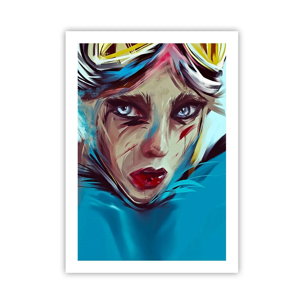 Poster - Porträt einer Frau mit intensivem Blick und blauem Hintergrund - 50x70cm - Strassenkämpferin - Moderne Wanddekoration für Wohnzimmer und Schlafzimmer ARTTOR