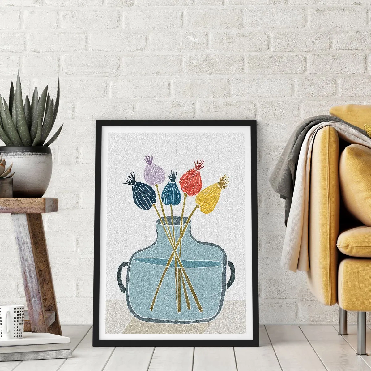 Poster in einem schwarzem Rahmen - Eine minimalistische Komposition aus Mohnköpfen in einer Glasvase - 50x70cm - Es ist mucksmäuschenstill - Moderne Wanddekoration für Wohnzimmer und Schlafzimmer ARTTOR