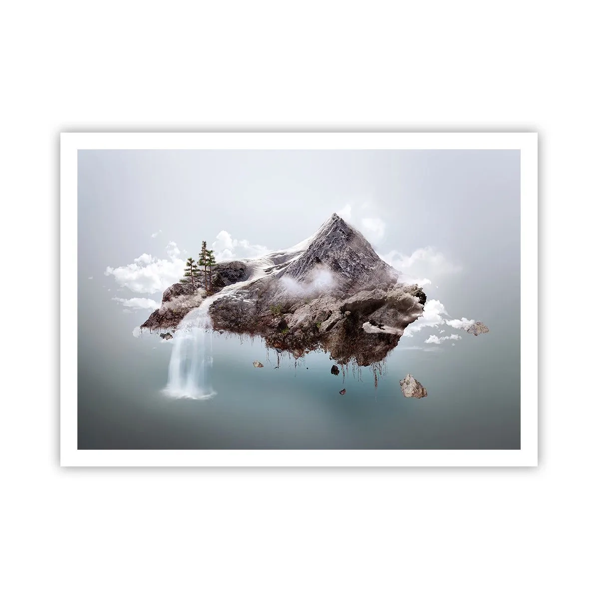 Poster - Ein surrealer Berg, der in den Wolken schwebt, mit einem Wasserfall - 100x70cm - Mit dem Auge eines Surrealisten - Moderne Wanddekoration für Wohnzimmer und Schlafzimmer ARTTOR