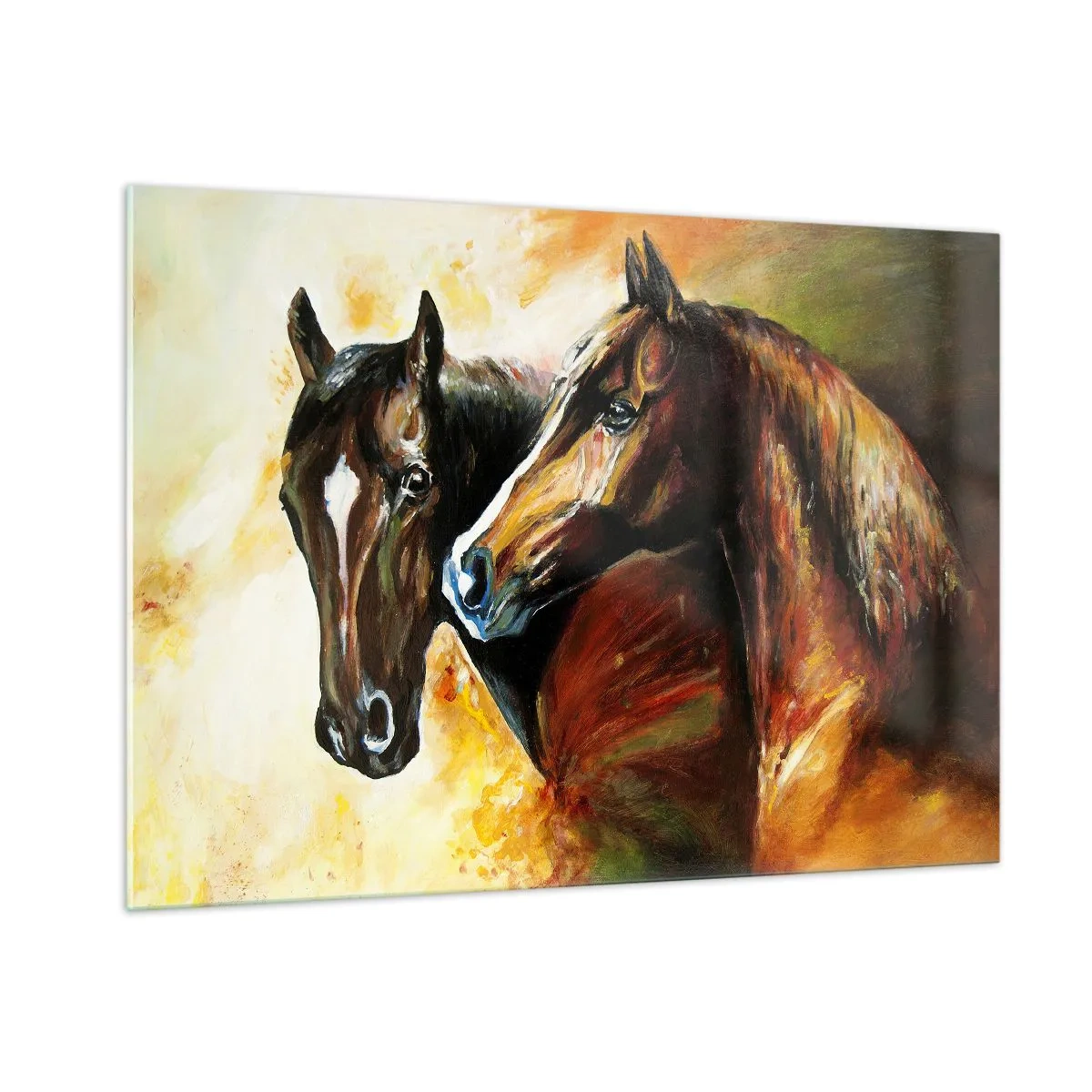 Glasbild - Bild auf glas - Zwei Pferde in einer kunstvollen, dynamischen Komposition - 100x70cm - Doppelt anmutig - Moderne Wanddekoration für Wohnzimmer und Schlafzimmer ARTTOR