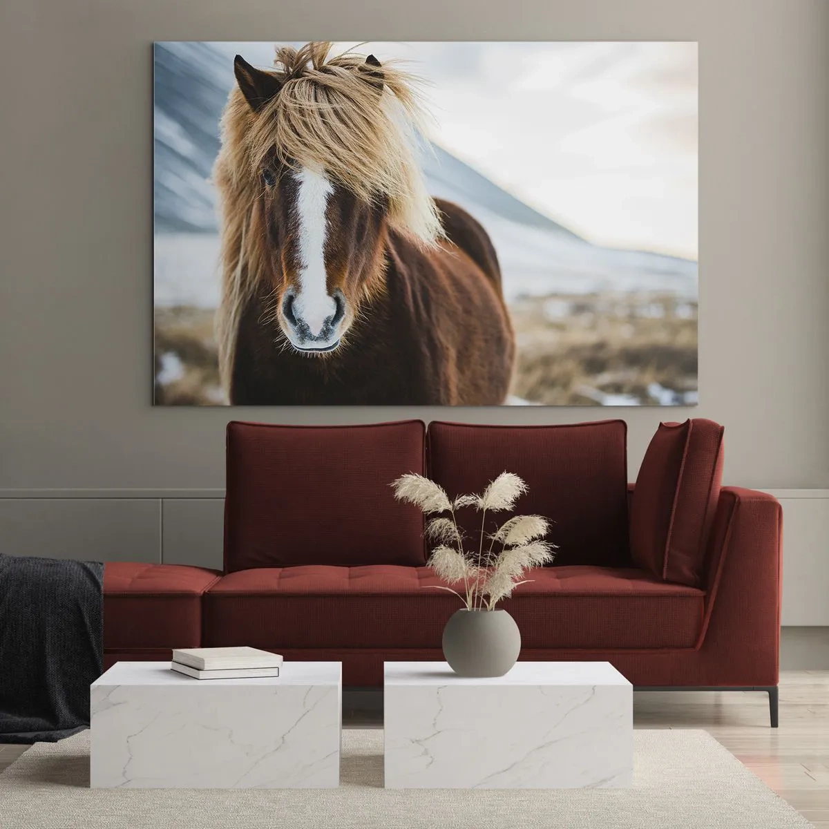 Glasbild - Bild auf glas - Ein Pferd vor einer Berglandschaft im Winter - 100x70cm - Spürst du die Freiheit? - Moderne Wanddekoration für Wohnzimmer und Schlafzimmer ARTTOR