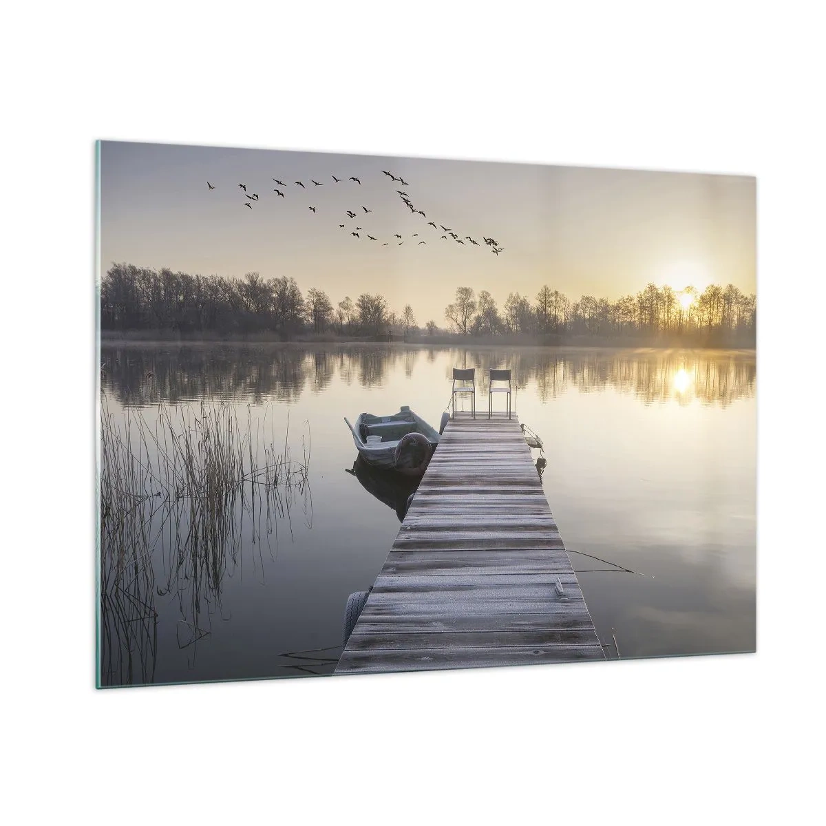 Glasbild - Bild auf glas - Morgen am See mit Pier - 100x70cm - Ich komme nach einiger Zeit zurück - Moderne Wanddekoration für Wohnzimmer und Schlafzimmer ARTTOR