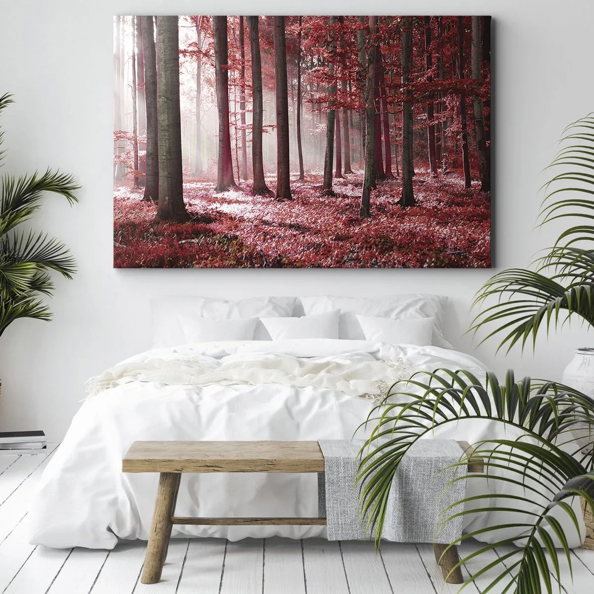 Bild auf Leinwand - Leinwandbild - Ein atemberaubender Wald in roten Farbtönen mit Lichtstrahlen, die durch die Bäume dringen - 100x70cm - Rot ist genauso schön - Moderne Wanddekoration für Wohnzimmer und Schlafzimmer ARTTOR