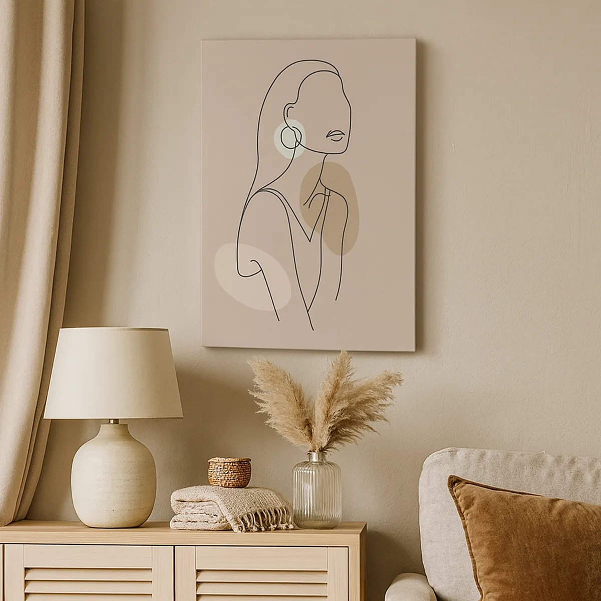 Bild auf Leinwand - Leinwandbild - Minimalistische Illustration einer Frau mit Umrissen auf beigem Hintergrund - 50x70cm - Mädchenhafte Ikone - Moderne Wanddekoration für Wohnzimmer und Schlafzimmer ARTTOR