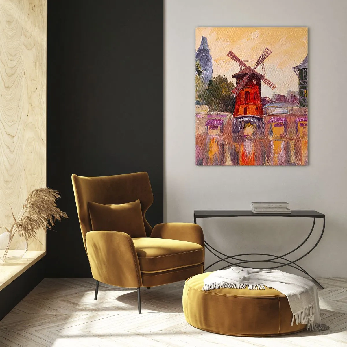 Glasbild - Bild auf glas - Die rote Windmühle des Moulin Rouge, umgeben von der Stadtlandschaft - 70x100cm - Pariser Ikonen – Moulin Rouge - Moderne Wanddekoration für Wohnzimmer und Schlafzimmer ARTTOR