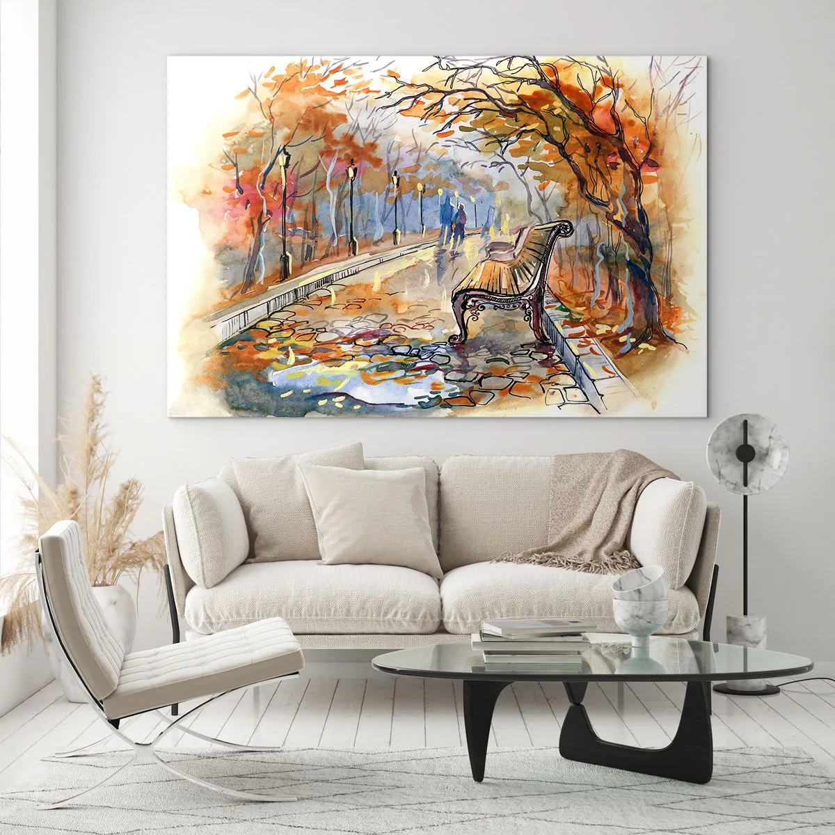 Glasbild - Bild auf glas - Eine herbstliche Allee mit einer Bank im künstlerischen Aquarellstil - 70x50cm - Gemeinsam im Herbst wandern - Moderne Wanddekoration für Wohnzimmer und Schlafzimmer ARTTOR