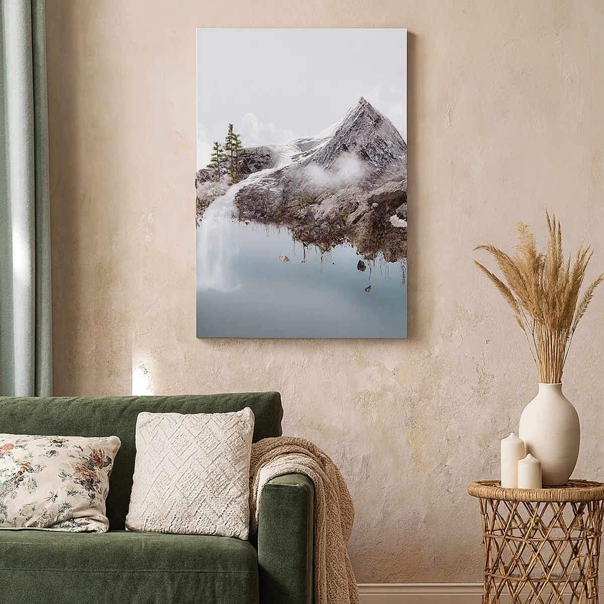 Bild auf Leinwand - Leinwandbild - Ein surrealer Berg, der in den Wolken schwebt, mit einem Wasserfall - 50x70cm - Mit dem Auge eines Surrealisten - Moderne Wanddekoration für Wohnzimmer und Schlafzimmer ARTTOR