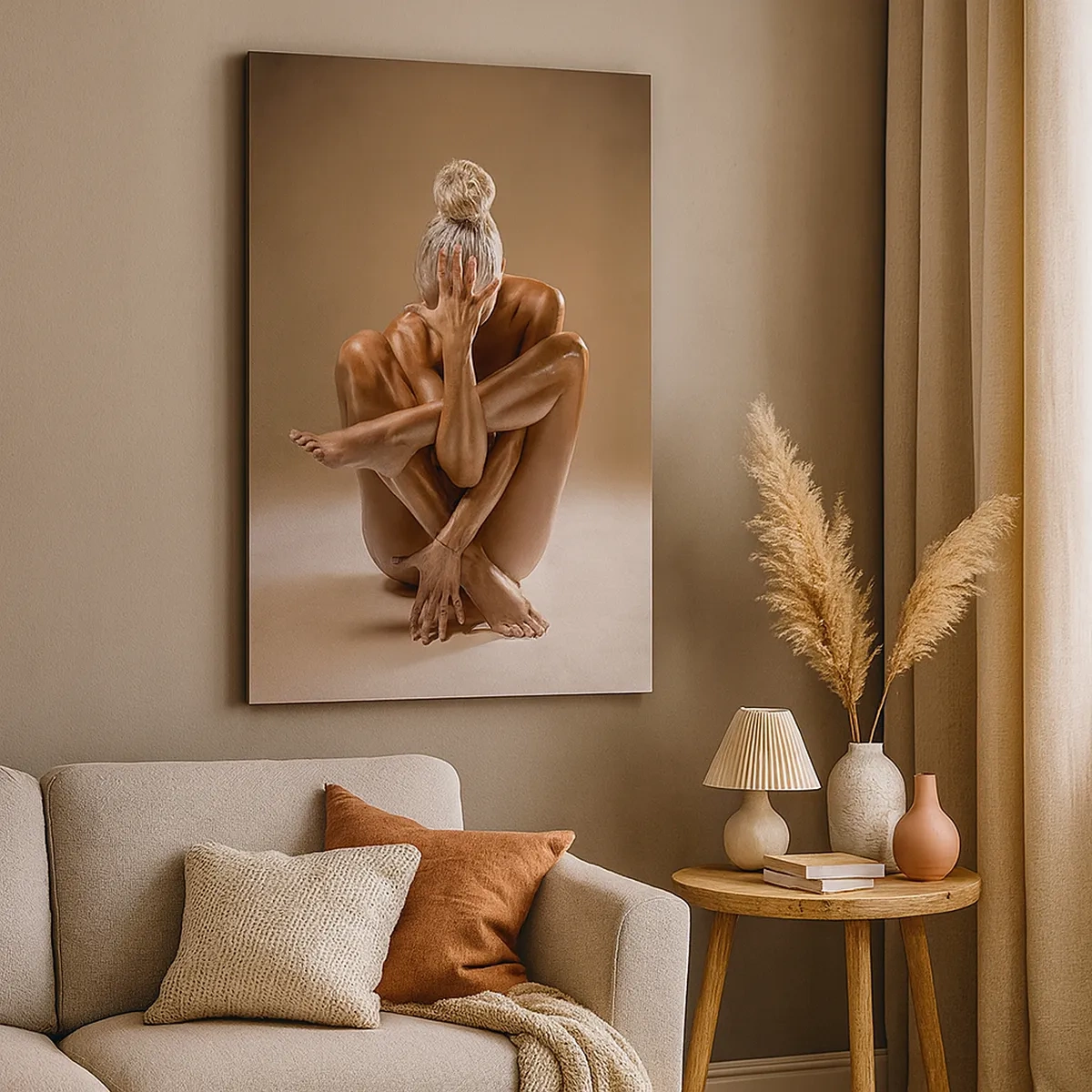 Bild auf Leinwand - Leinwandbild - Künstlerische Silhouette einer Frau auf beigem Hintergrund - 50x70cm - Die Einheit von Körper und Geist - Moderne Wanddekoration für Wohnzimmer und Schlafzimmer ARTTOR