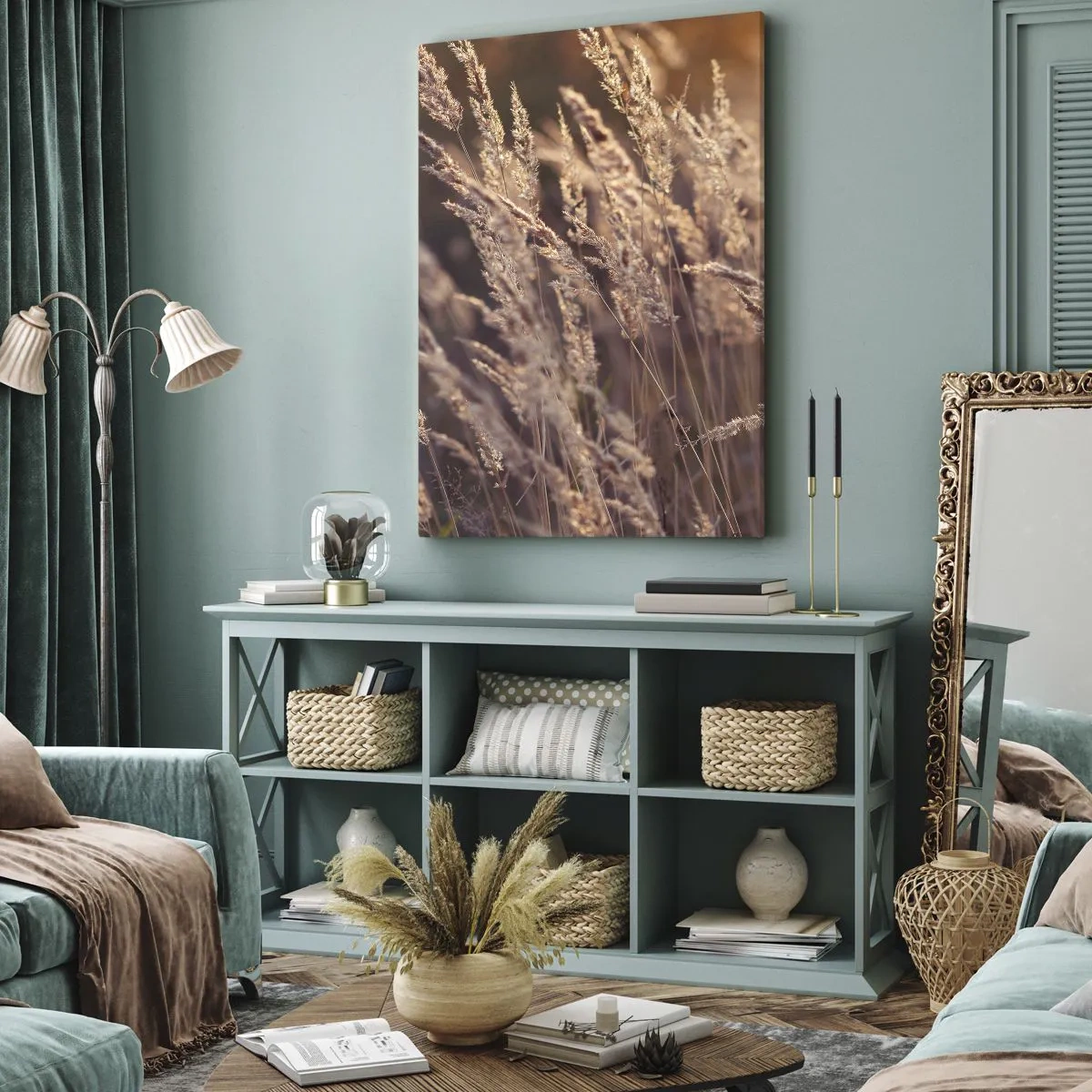 Bild auf Leinwand - Leinwandbild - Goldene Gräser vor dem Hintergrund der untergehenden Sonne - 50x70cm - Bereit, den Herbst willkommen zu heißen - Moderne Wanddekoration für Wohnzimmer und Schlafzimmer ARTTOR