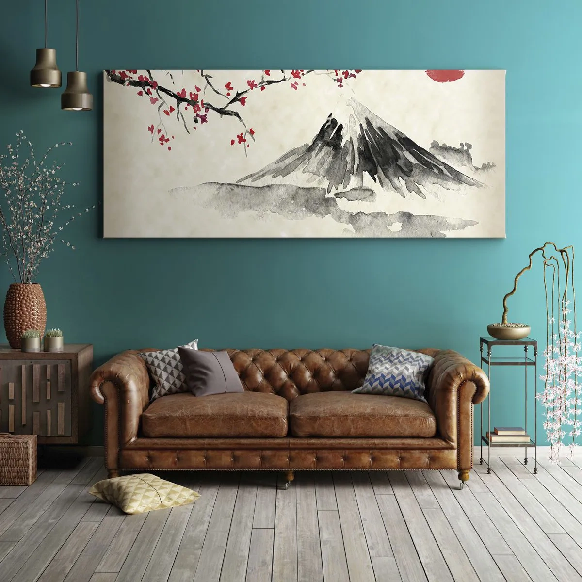 Bild auf Leinwand - Leinwandbild - Eine malerische Landschaft mit einem Berg, Kirschblüten und Sonnenschein - 120x50cm - Liebe Japan - Moderne Wanddekoration für Wohnzimmer und Schlafzimmer ARTTOR