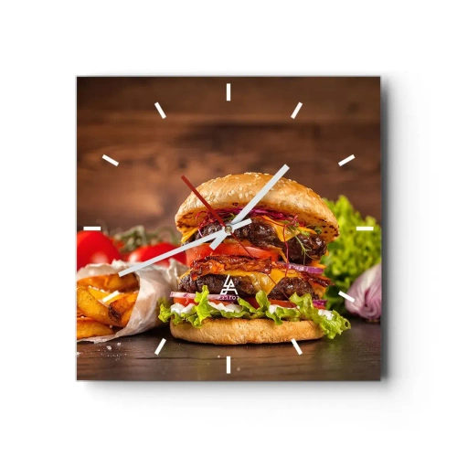 Wanduhr - Glasuhr - Appetitlicher Burger mit Extras - 30x30cm - Die verbotene Frucht - Moderne Wanddekoration für Wohnzimmer und Schlafzimmer ARTTOR