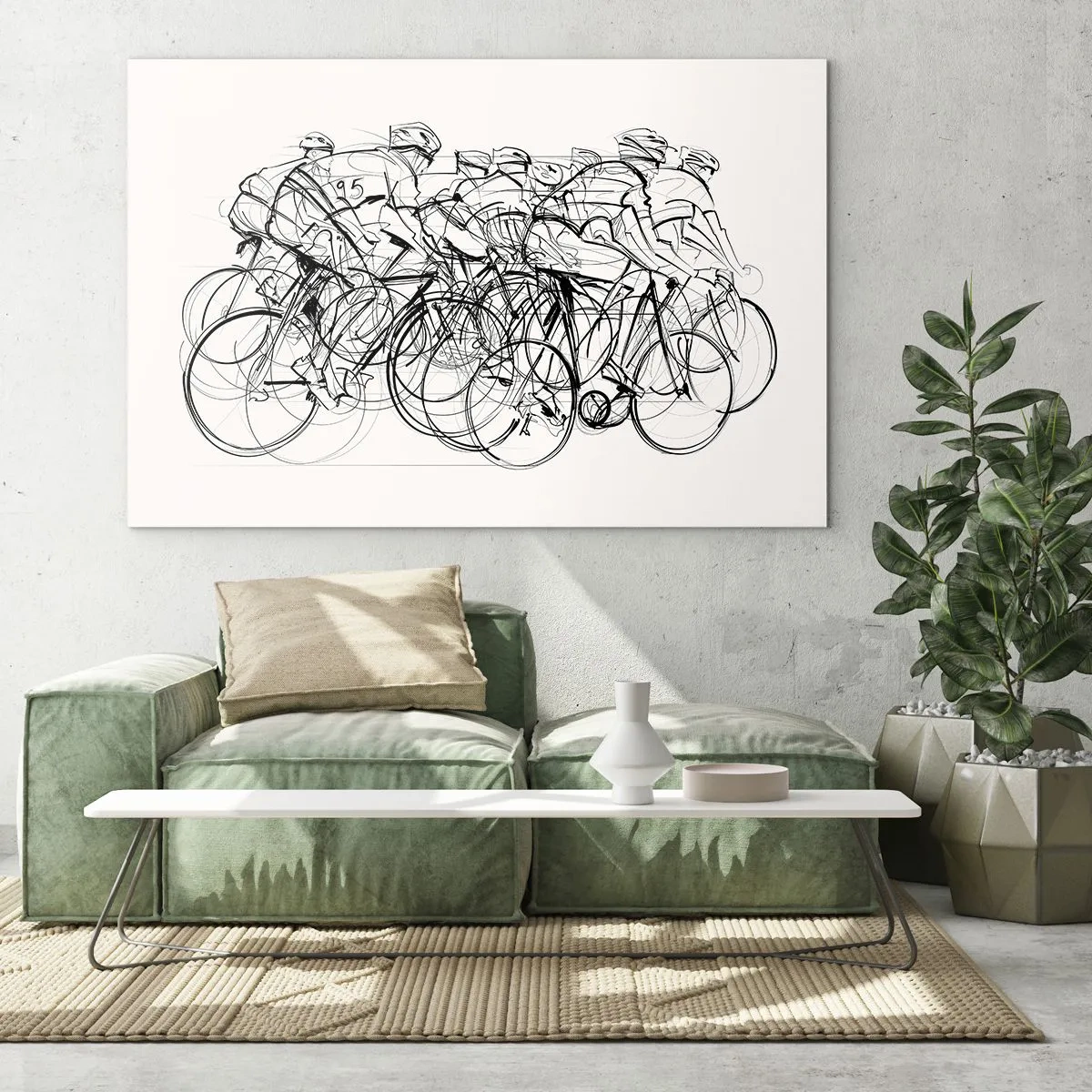 Glasbild - Bild auf glas - Skizze einer Gruppe von Radfahrern während eines Rennens vor weißem Hintergrund - 70x50cm - Gemeinsam als Team - Moderne Wanddekoration für Wohnzimmer und Schlafzimmer ARTTOR