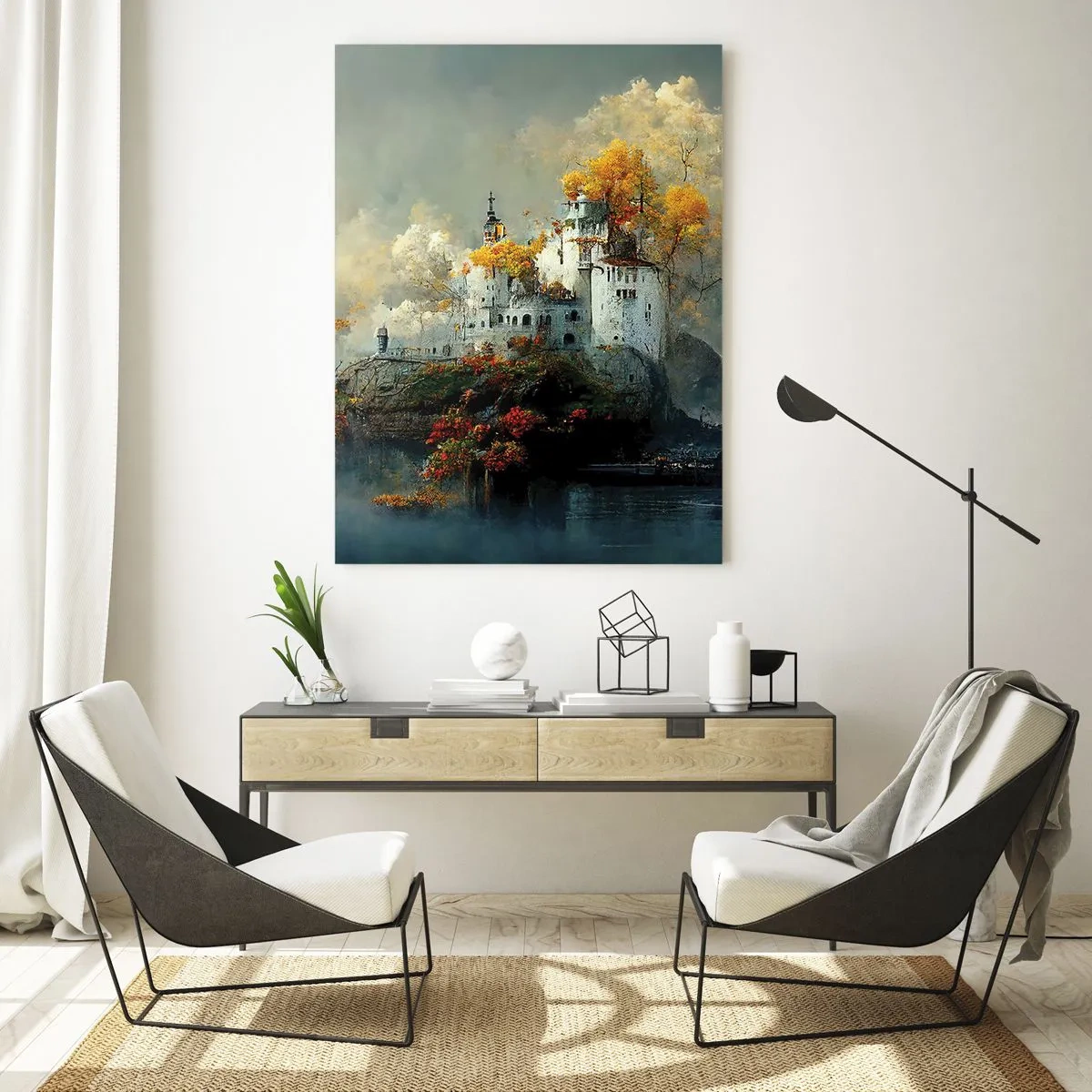Glasbild - Bild auf glas - Ein Schloss auf einem Hügel, umgeben von herbstlichen Bäumen - 70x100cm - Beginn einer romantischen Geschichte - Moderne Wanddekoration für Wohnzimmer und Schlafzimmer ARTTOR