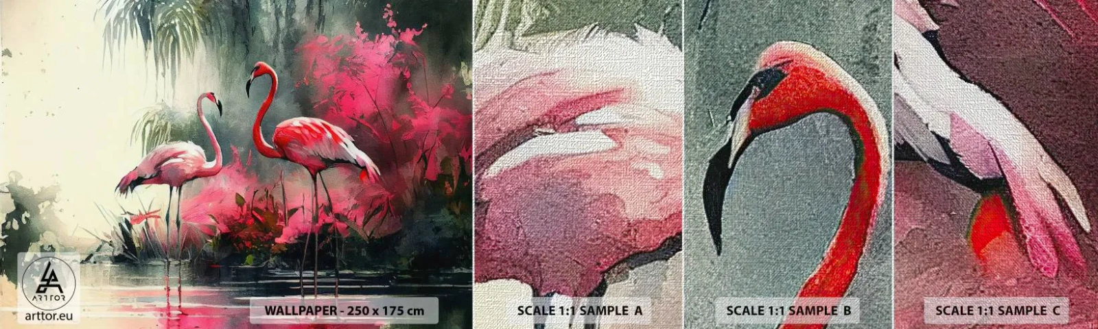 Fototapeten Muster Premium Canvas - Lektion in natürlicher Anmut - Flamingos, Stück, Landschaft - 100x30 cm