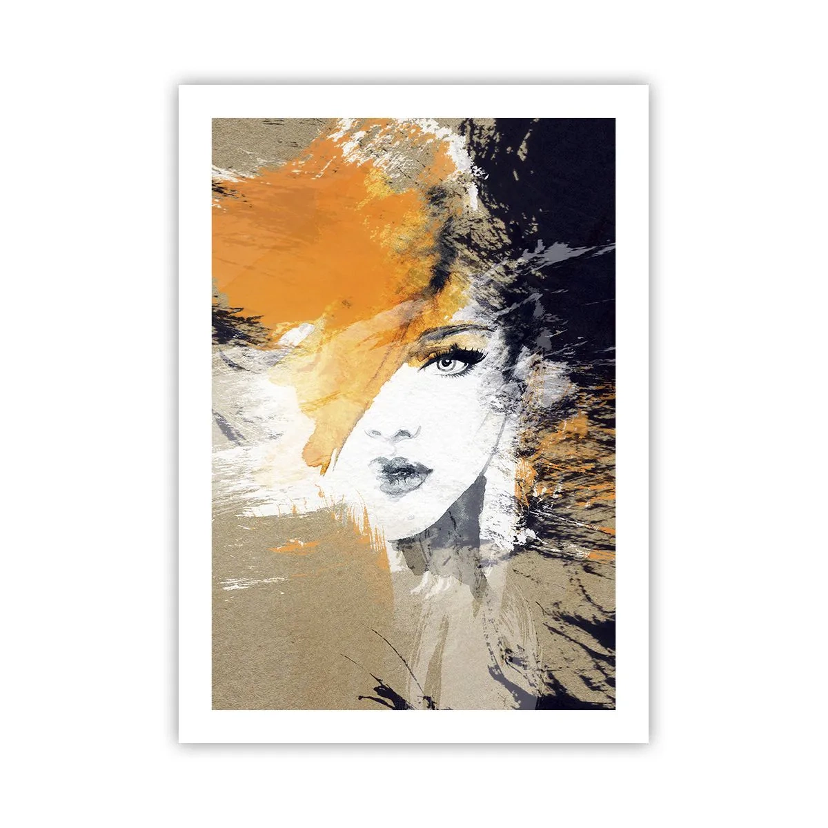 Poster - Porträt einer Frau im künstlerischen Stil mit orangefarbenen Akzenten - 50x70cm - Und es ist Licht - Moderne Wanddekoration für Wohnzimmer und Schlafzimmer ARTTOR