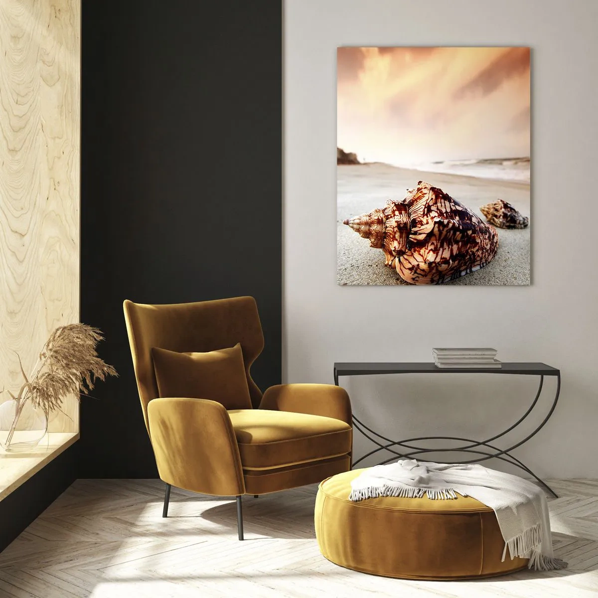 Glasbild - Bild auf glas - Muscheln am Strand bei Sonnenuntergang - 70x100cm - Ausgestoßene von Wellen - Moderne Wanddekoration für Wohnzimmer und Schlafzimmer ARTTOR