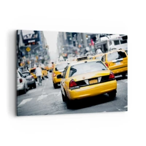 Bild auf Leinwand - Leinwandbild - Gelbe Taxis auf einer belebten Stadtstraße im Zentrum der Metropole - 120x80cm - Nur in dieser Stadt - Moderne Wanddekoration für Wohnzimmer und Schlafzimmer ARTTOR