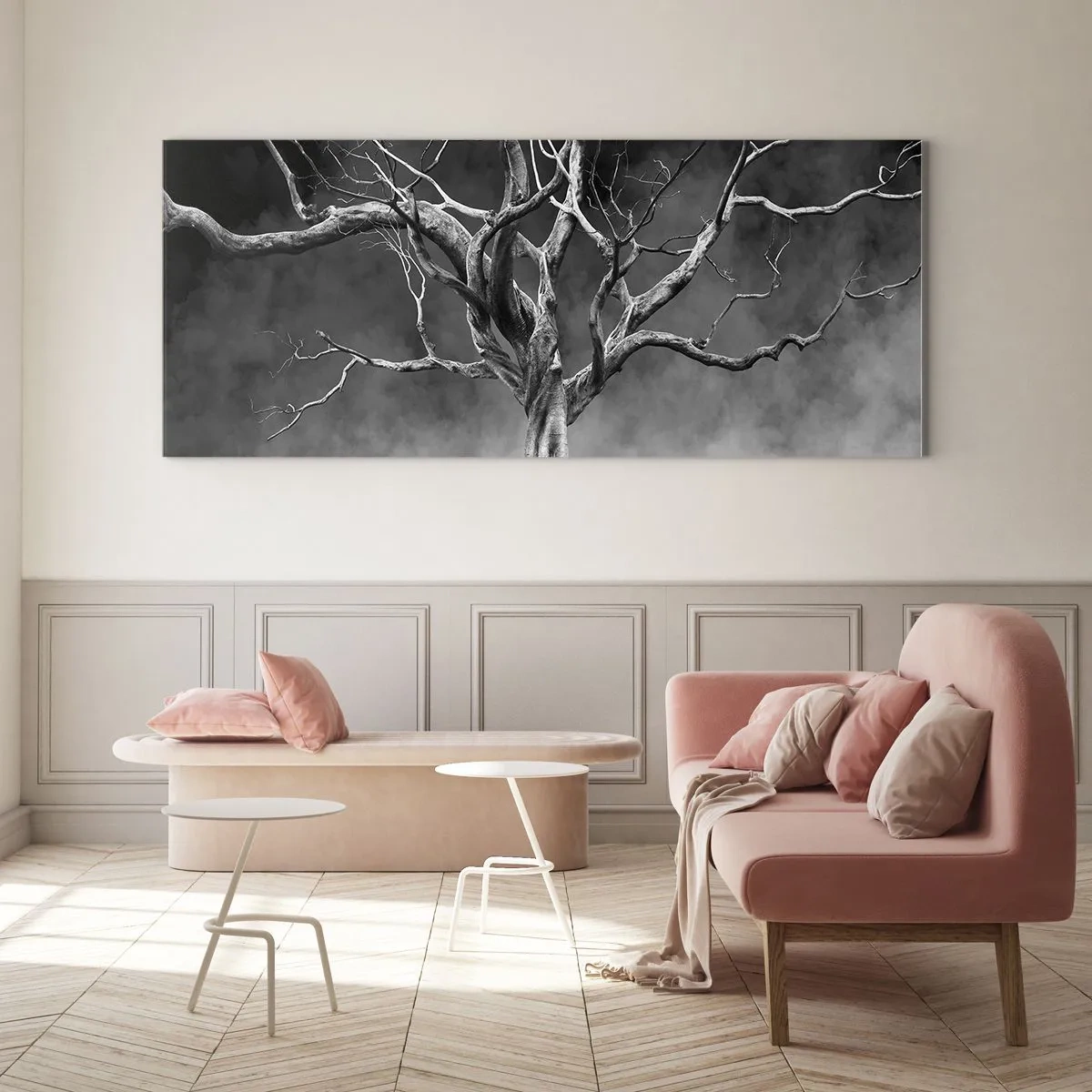 Glasbild - Bild auf glas - Ein trockener Baum in Schwarz und Weiß gegen den Nebel - 160x50cm - Ursprünglich und heilig - Moderne Wanddekoration für Wohnzimmer und Schlafzimmer ARTTOR