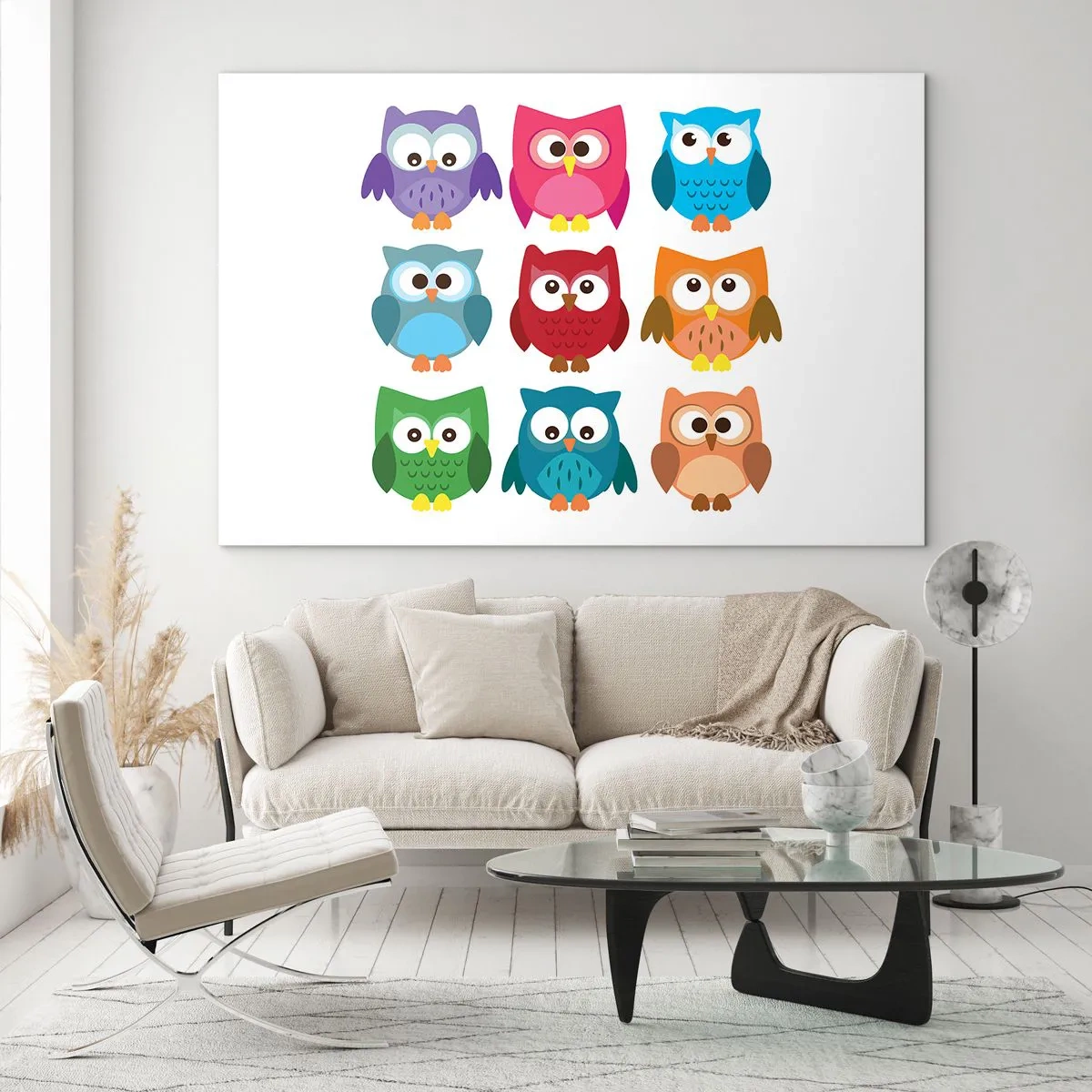 Glasbild - Bild auf glas - Bunte Eulen im Cartoon-Stil auf weißem Hintergrund - 100x70cm - Es macht Spaß, anders zu sein - Moderne Wanddekoration für Wohnzimmer und Schlafzimmer ARTTOR