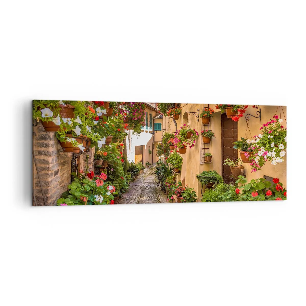 Bild auf Leinwand - Leinwandbild - Eine bezaubernde Straße voller Blumen und Blumentöpfe - 140x50cm - Italienische Gasse - Moderne Wanddekoration für Wohnzimmer und Schlafzimmer ARTTOR
