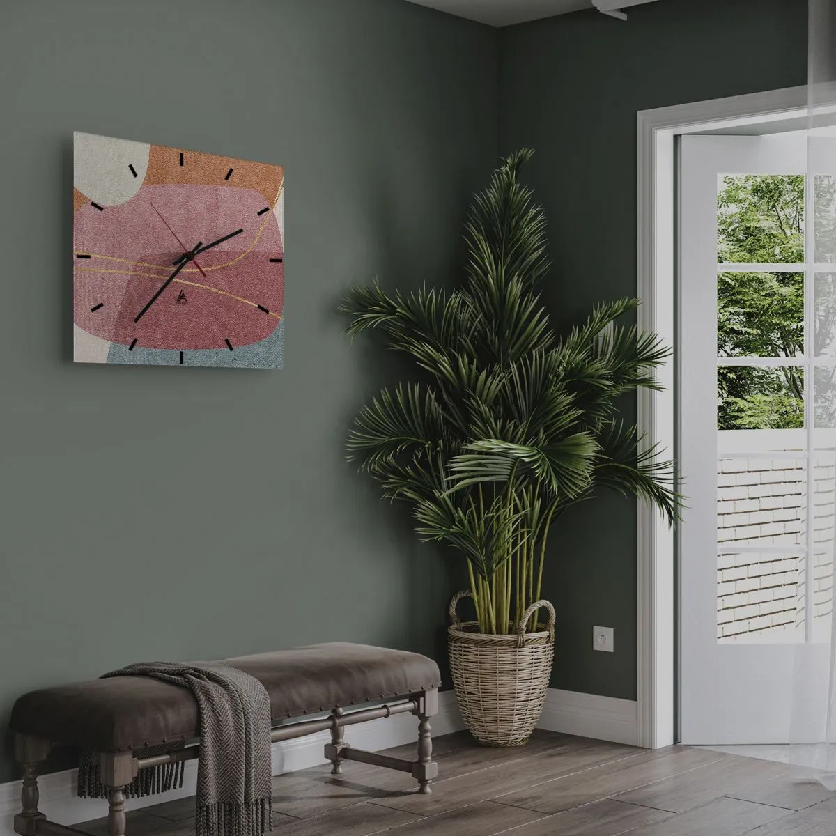 Wanduhr - Glasuhr - Abstrakte Formen in Pastellfarben mit zarten Linien - 30x30cm - Pastellkomposition mit Goldfaden - Moderne Wanddekoration für Wohnzimmer und Schlafzimmer ARTTOR