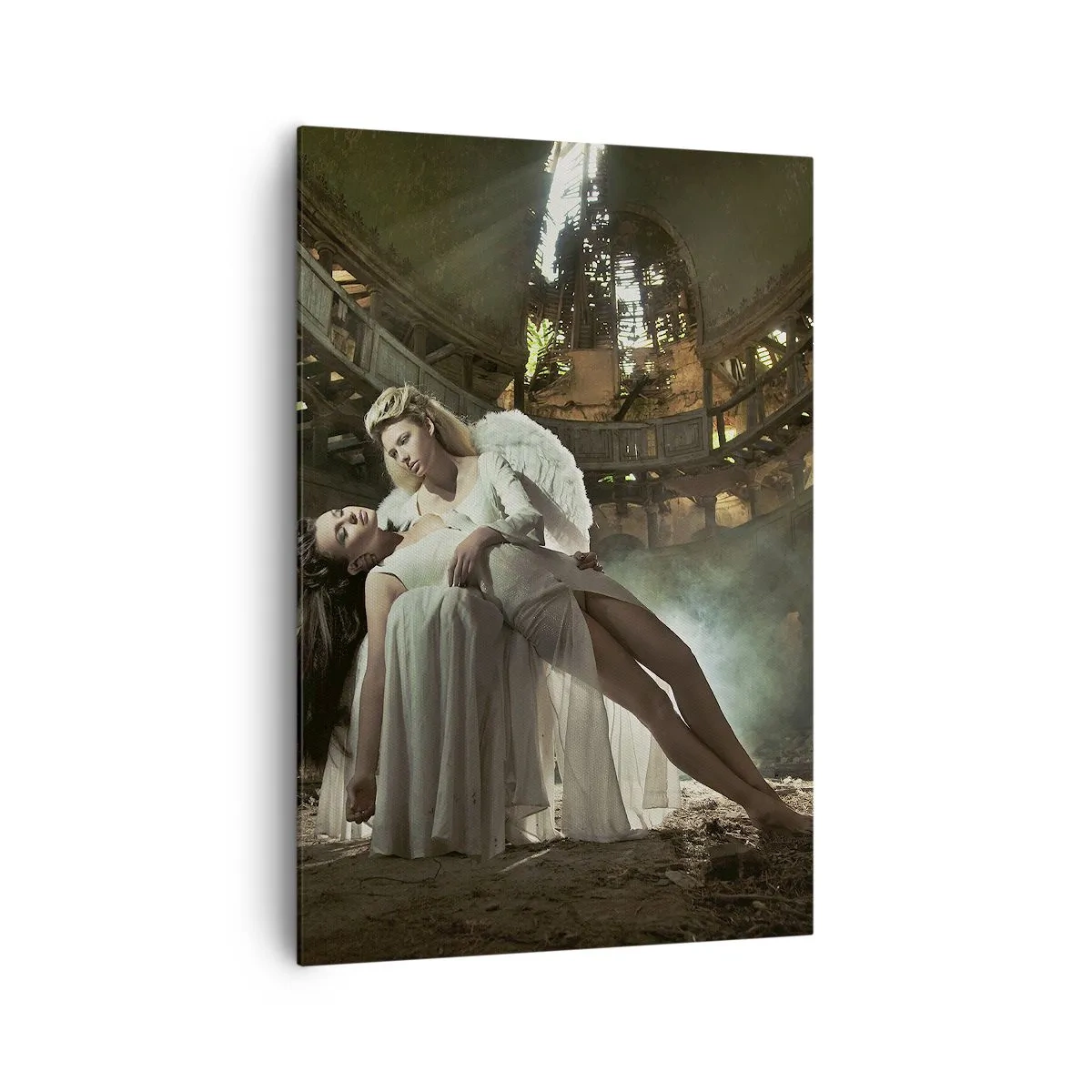 Bild auf Leinwand - Leinwandbild - Zwei Figuren in Ruinen mit Lichtspiel - 70x100cm - Der Geist des alten Theaters - Moderne Wanddekoration für Wohnzimmer und Schlafzimmer ARTTOR
