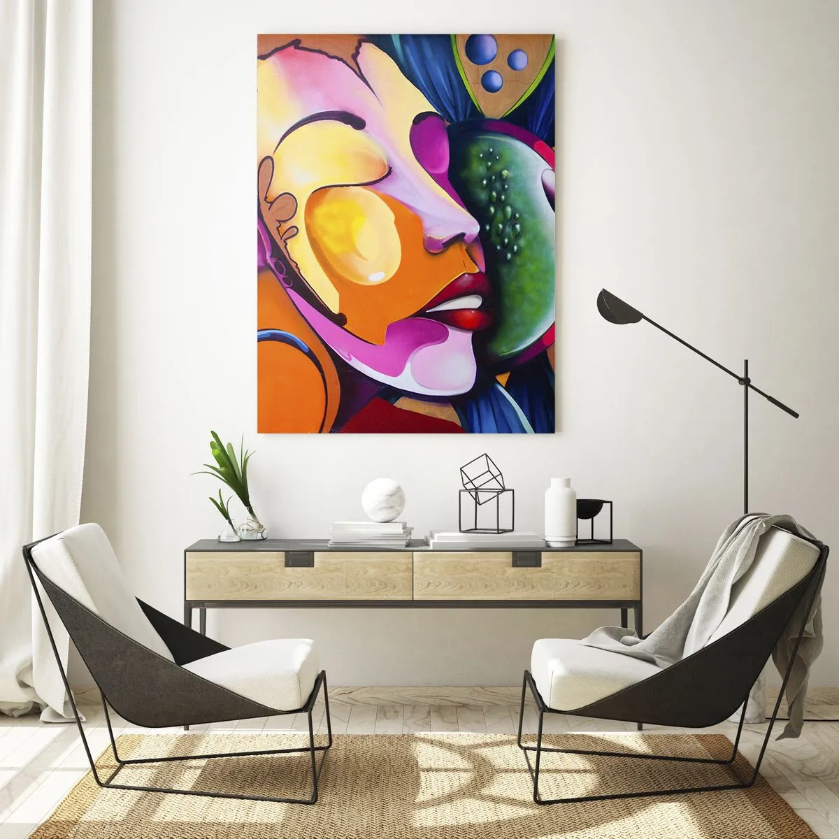 Glasbild - Bild auf glas - Eine farbenfrohe Abstraktion mit einem Gesichtsmotiv in einer dynamischen Komposition - 70x100cm - Mit Farbe berühren - Moderne Wanddekoration für Wohnzimmer und Schlafzimmer ARTTOR