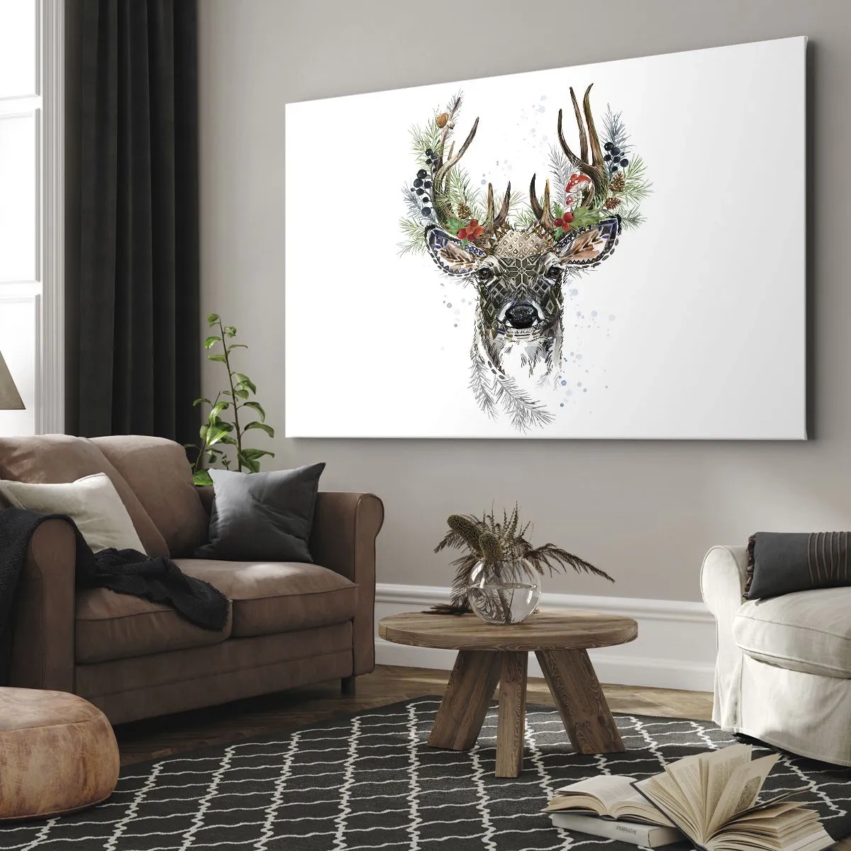 Bild auf Leinwand - Leinwandbild - Stilisierter Hirsch mit dekorativem Geweih auf weißem Hintergrund - 100x70cm - Im festlichen Gewand - Moderne Wanddekoration für Wohnzimmer und Schlafzimmer ARTTOR