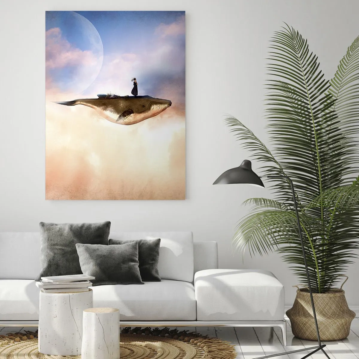 Glasbild - Bild auf glas - Ein Fantasiewal, der mit einer Frau auf seinem Rücken in den Wolken schwebt. - 50x70cm - Eine echte Reise - Moderne Wanddekoration für Wohnzimmer und Schlafzimmer ARTTOR