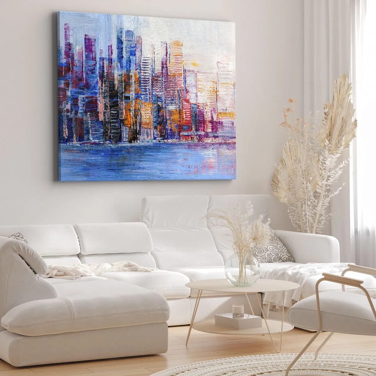 Bild auf Leinwand - Leinwandbild - Ein farbenfrohes Panorama der Stadt mit Spiegelungen auf dem Wasser - 100x70cm - Fröhliche Metropole - Moderne Wanddekoration für Wohnzimmer und Schlafzimmer ARTTOR