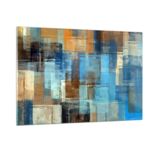 Glasbild - Bild auf glas - Abstrakte geometrische Komposition in Blau- und Brauntönen - 120x80cm - Durch den blauen Schleier - Moderne Wanddekoration für Wohnzimmer und Schlafzimmer ARTTOR