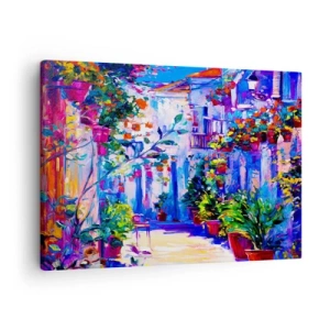 Bild auf Leinwand - Leinwandbild - Eine bunte Straße voller Blumen - 70x50cm - Impresja - eine italienische Straße - Moderne Wanddekoration für Wohnzimmer und Schlafzimmer ARTTOR