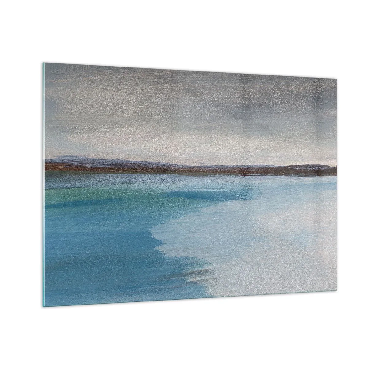 Glasbild - Bild auf glas - Eine ruhige Landschaft mit Wasser und fernen Hügeln in Pastelltönen. - 100x70cm - Horizontale Landschaft - Moderne Wanddekoration für Wohnzimmer und Schlafzimmer ARTTOR