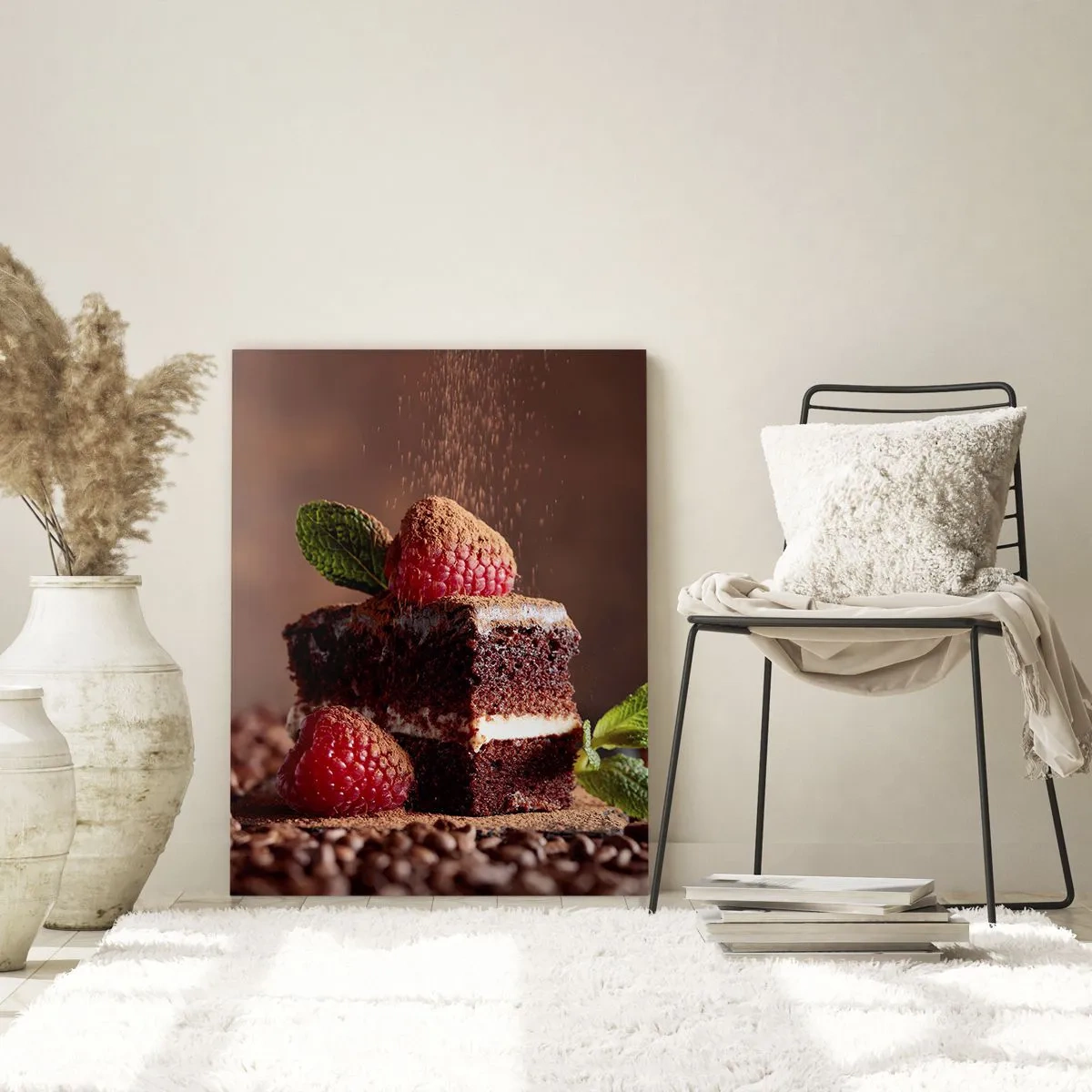 Glasbild - Bild auf glas - Schokoladendessert mit Himbeeren und Minzblättern - 50x70cm - Das Leben ist süß - Moderne Wanddekoration für Wohnzimmer und Schlafzimmer ARTTOR