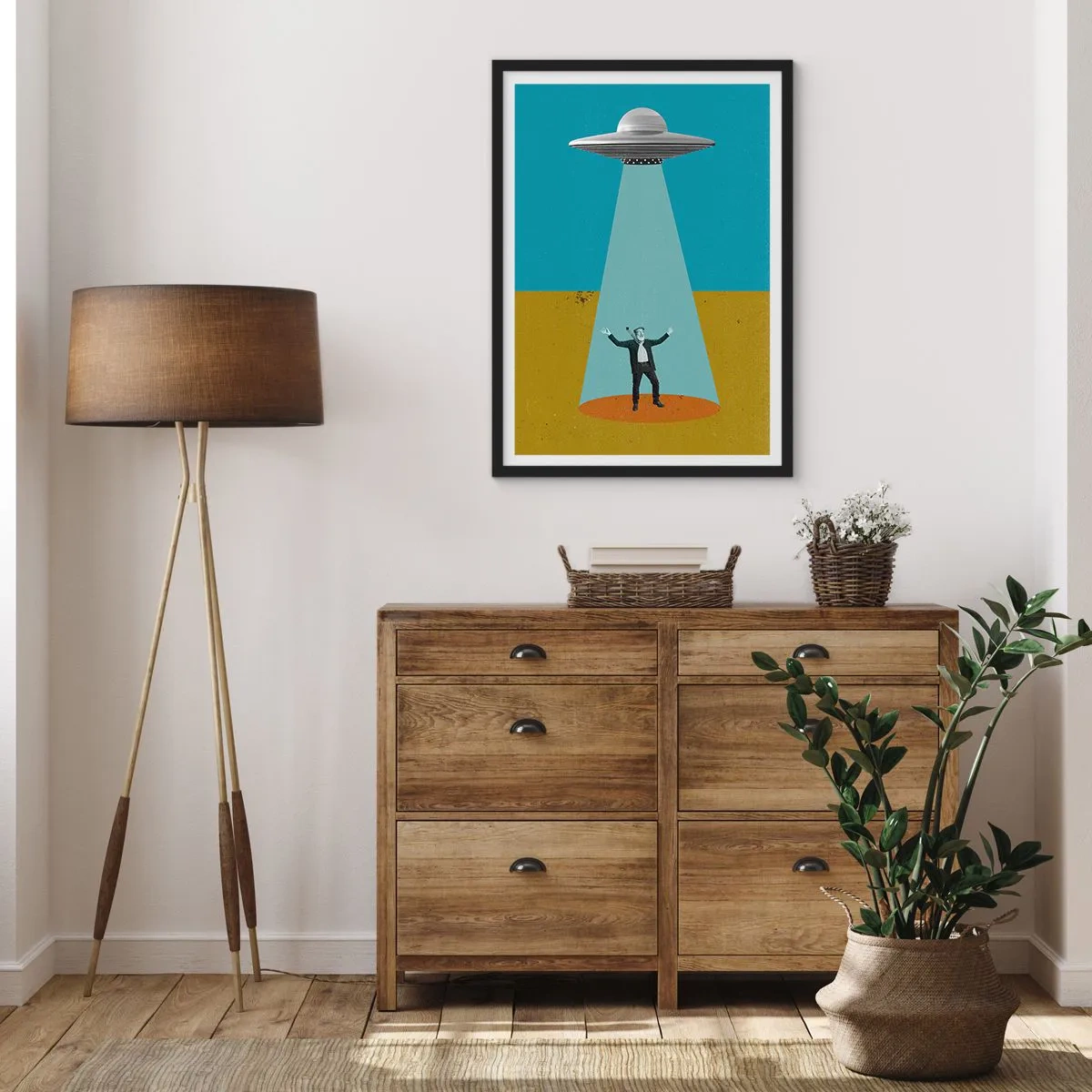 Poster in einem schwarzem Rahmen - Retro-Illustration einer UFO-Entführung - 50x70cm - Nahe Begegnung - Moderne Wanddekoration für Wohnzimmer und Schlafzimmer ARTTOR