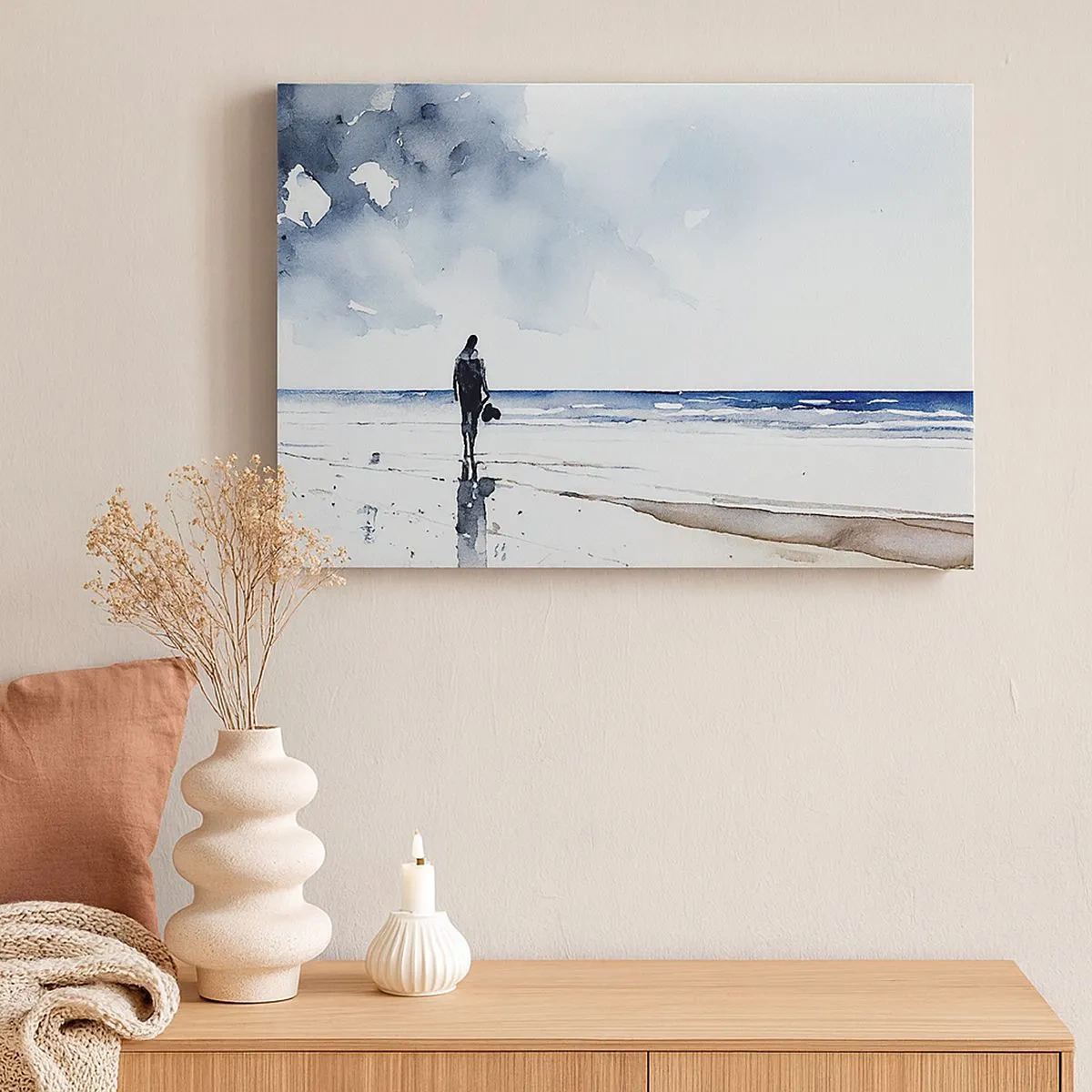 Bild auf Leinwand - Leinwandbild - Eine Figur an einem Strand in einer ruhigen Meeresumgebung - 70x50cm - Gespräch mit dem Meer - Moderne Wanddekoration für Wohnzimmer und Schlafzimmer ARTTOR
