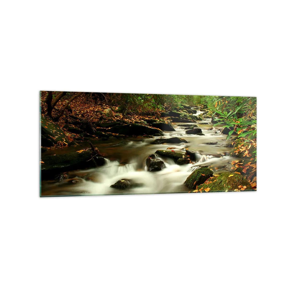 Glasbild - Bild auf glas - Ein Waldbach, der zwischen Steinen fließt, umgeben von Grün - 120x50cm - Wie flüssiges Silber - Moderne Wanddekoration für Wohnzimmer und Schlafzimmer ARTTOR