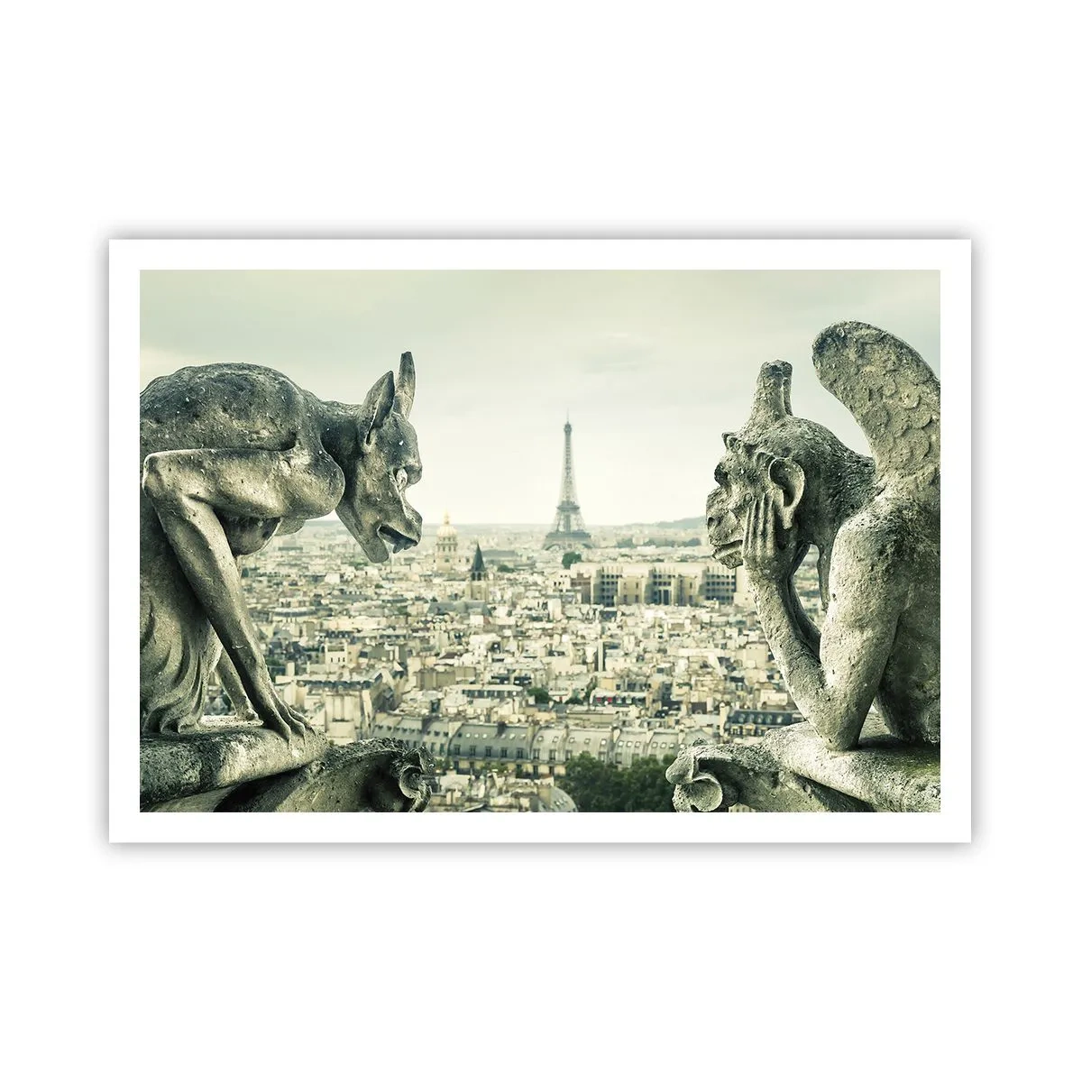 Poster - Wasserspeier mit Blick auf die Skyline von Paris und den Eiffelturm - 100x70cm - Pariser Plaudern - Moderne Wanddekoration für Wohnzimmer und Schlafzimmer ARTTOR