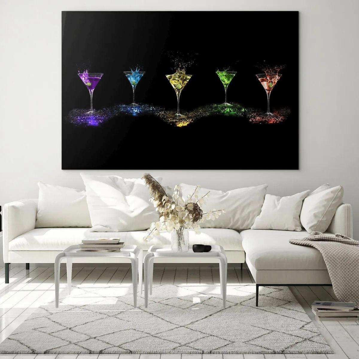 Glasbild - Bild auf glas - Bunte Getränke in Gläsern auf schwarzem Hintergrund - 120x80cm - Farben der Freude in Kristallglas - Moderne Wanddekoration für Wohnzimmer und Schlafzimmer ARTTOR