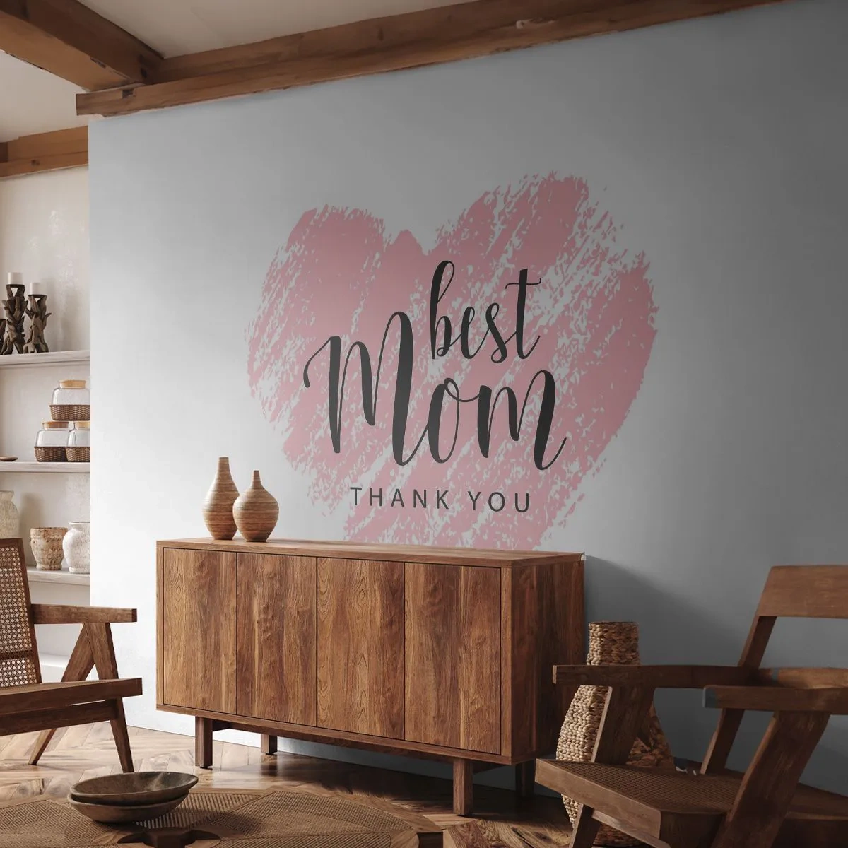 Fototapete Premium Sand - Rosa Herz mit den Worten „Beste Mama, danke“ - 100x70cm - Immer der richtige Moment - Moderne Wanddekoration für Wohnzimmer und Schlafzimmer ARTTOR