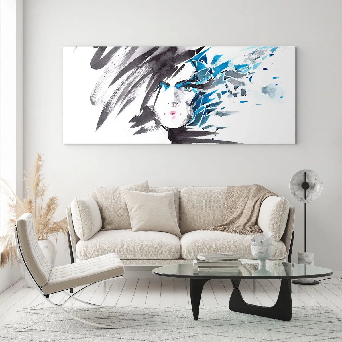Glasbild - Bild auf glas - Künstlerische Aquarell-Gesichtsbemalung mit blauen Akzenten - 140x50cm - Sinnliches Portrait in Grau und Blau - Moderne Wanddekoration für Wohnzimmer und Schlafzimmer ARTTOR