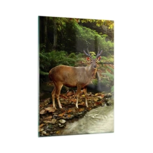 Glasbild - Bild auf glas - Ein Reh an einem Bach in einem sonnenbeschienenen Wald - 50x70cm - Willkommen in meiner Welt - Moderne Wanddekoration für Wohnzimmer und Schlafzimmer ARTTOR